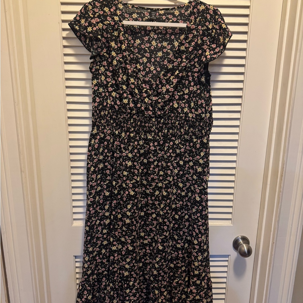 SHEIN Black Midi Dress with Pink and Cream Floral Print